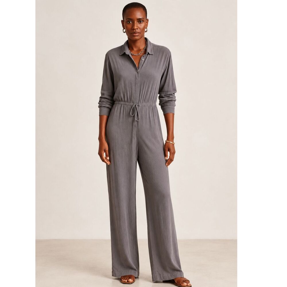 Ghost London Wide Leg Lavender Taupe Jumpsuit Collared Button Front Long Sleeve